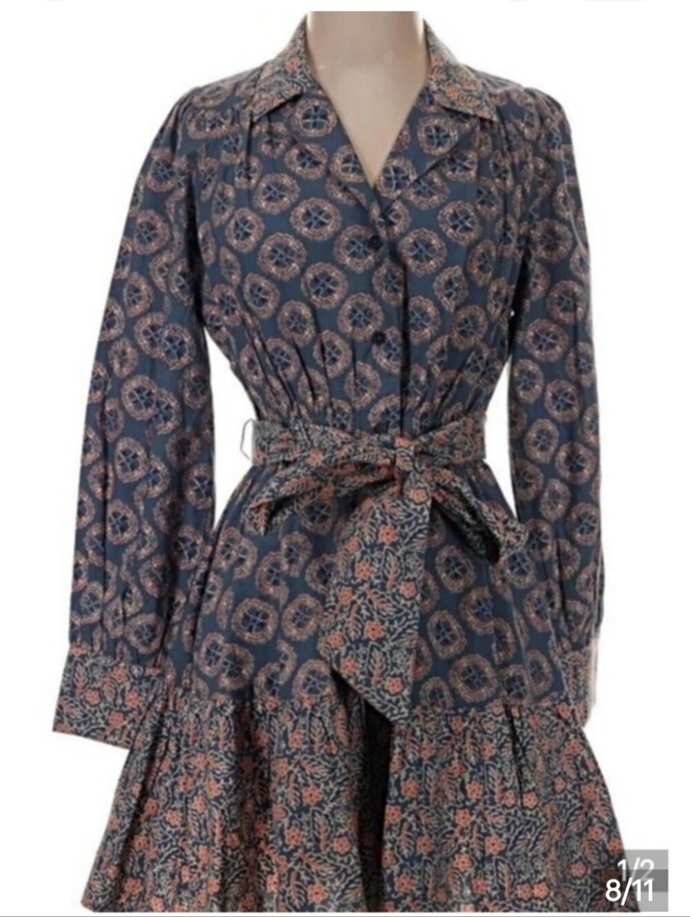 NWT Roller Rabbit Blue Floral Boho Printed Long Sleeve Belted Dress/Shirt Sz XS